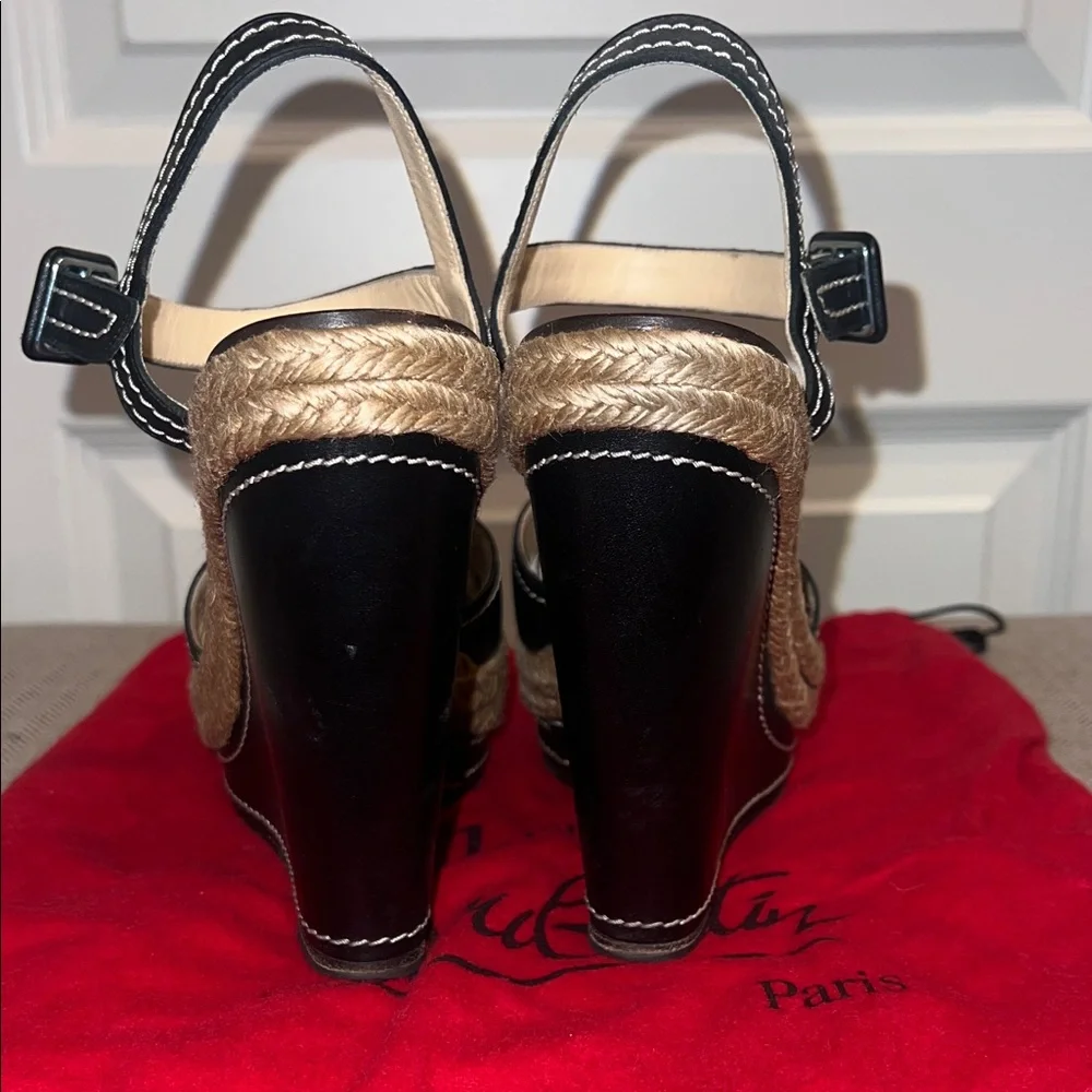 Christian Louboutin Black and Natural Espadrille Wedge Sandals